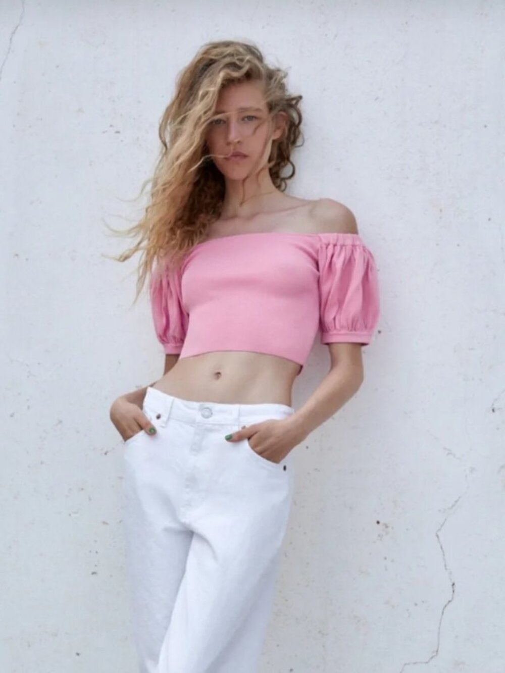 NWOT Zara Pink Puff Sleeves Off the Shoulder Knit Top Ref. 8689/102/620 Sz XS